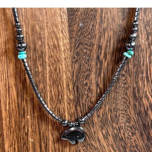 Vintage Jewelry - Hematite Turquoise Beaded Necklace Bear Pendant 19" Handcrafted Southwestern Vtg